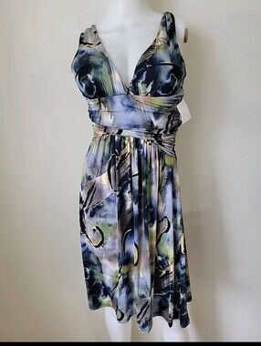 Y2k Plunging V-Neck Watercolor Midi Dress Blue Green Artsy 90's Baby Doll NWOT